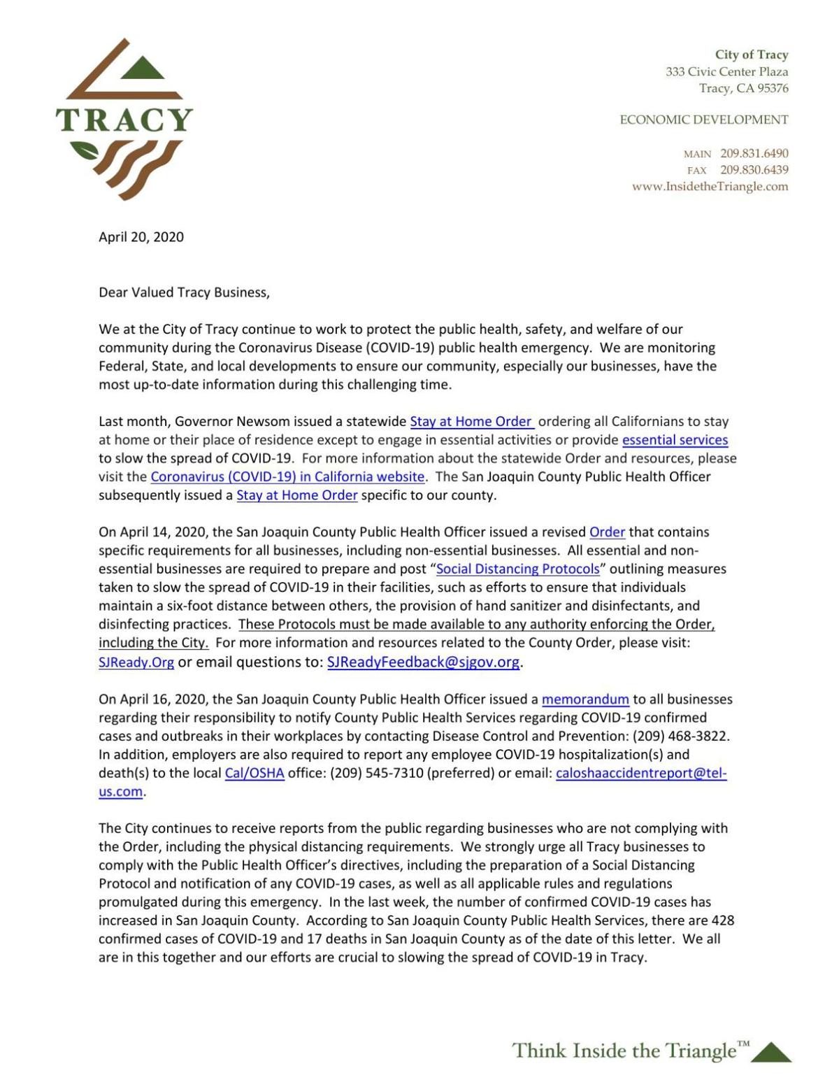 City of Tracy letter to businesses Tracy Press