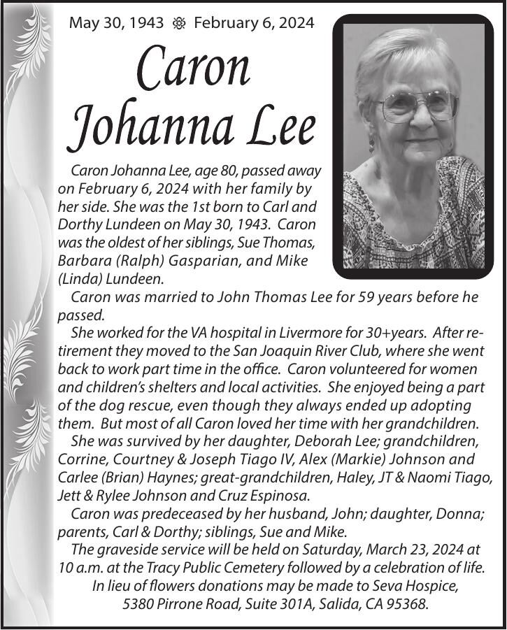 Caron Johanna Lee | Tracy Press Obituaries | Ttownmedia.com