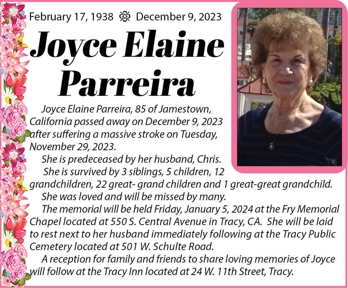 Joyce Elaine Parreira Tracy Press Obituaries