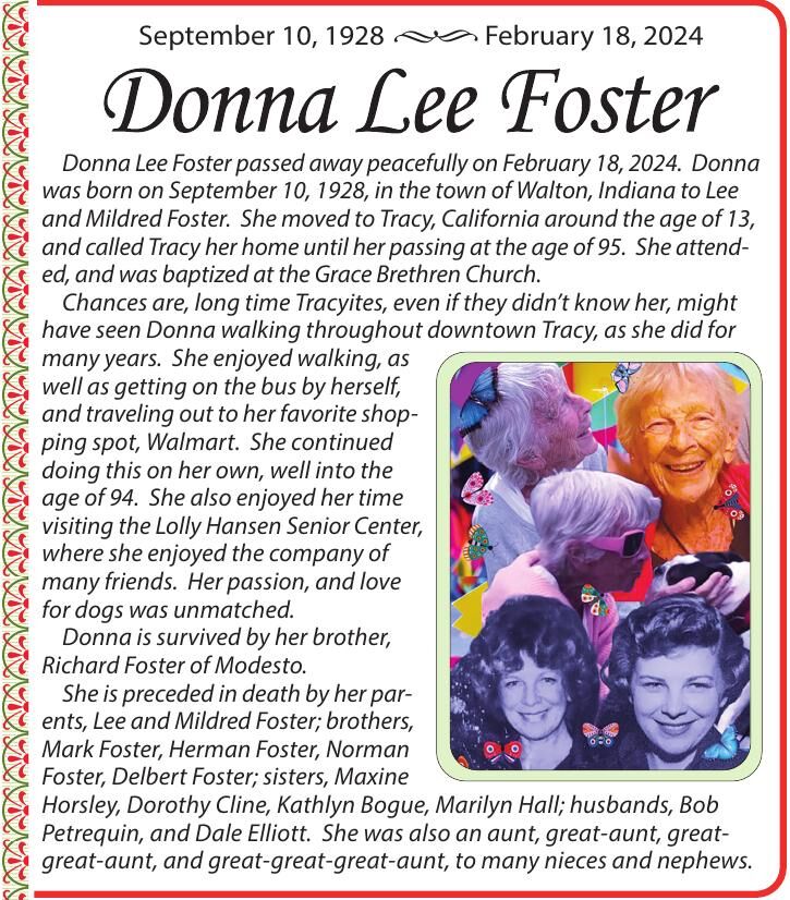 Donna Lee Foster | Tracy Press Obituaries | Ttownmedia.com