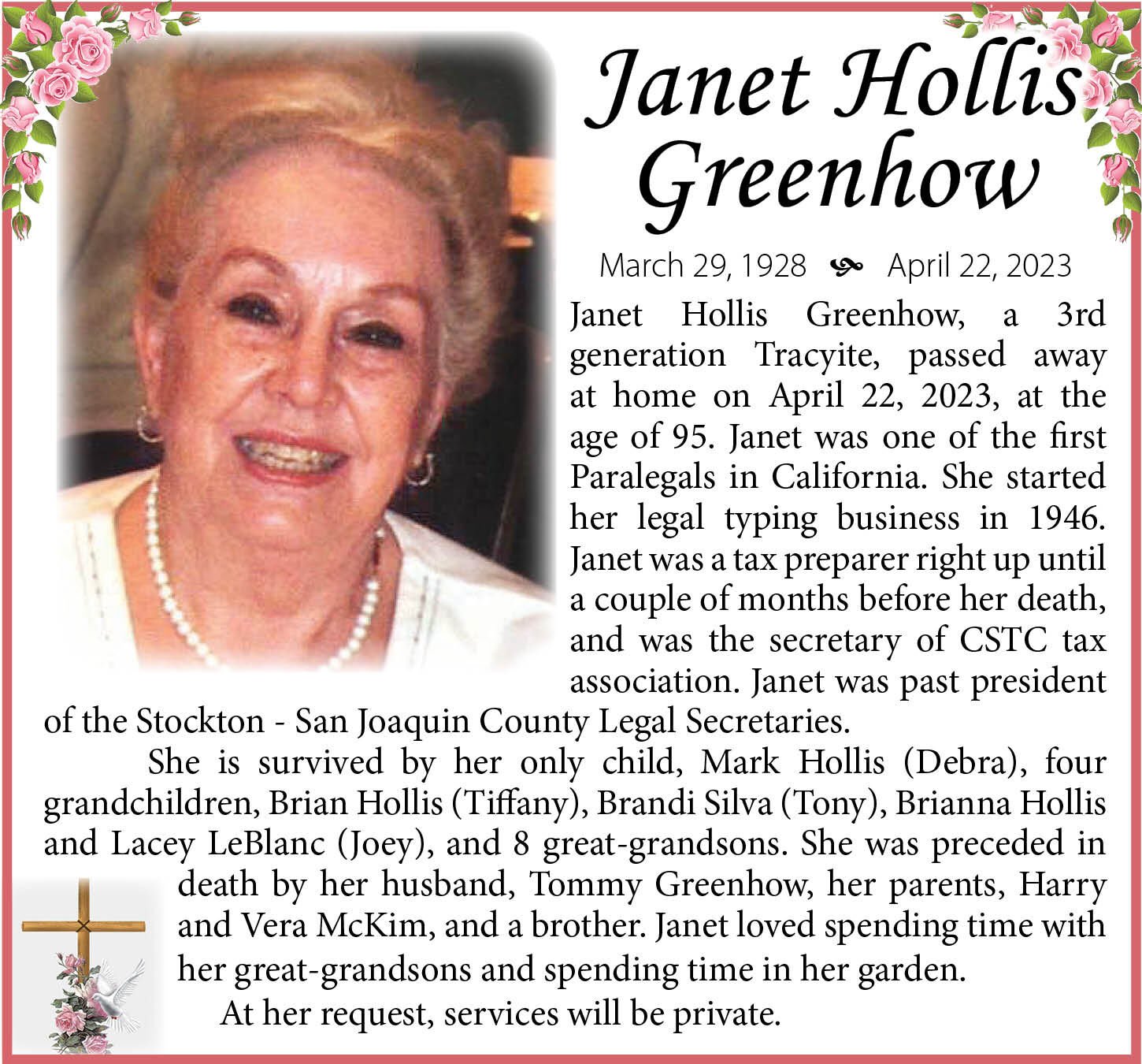 Janet Hollis Greenhow | Tracy Press Obituaries | Ttownmedia.com