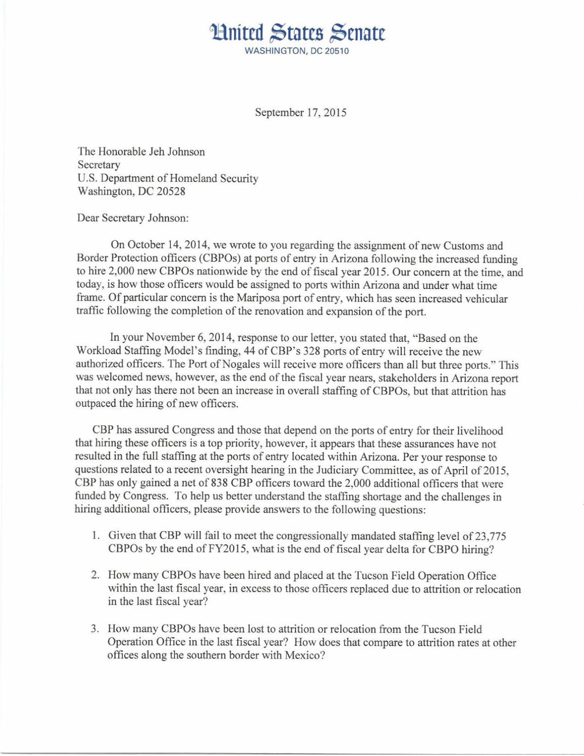 Letter from Senators John McCain and Jeff Flake to CBP about staffing shortages