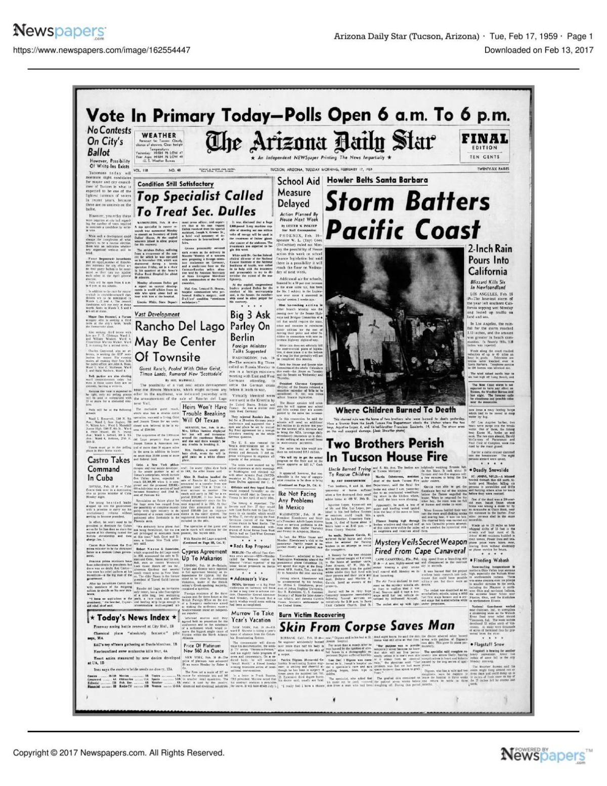 Arizona Daily Star front page Feb. 17, 1959