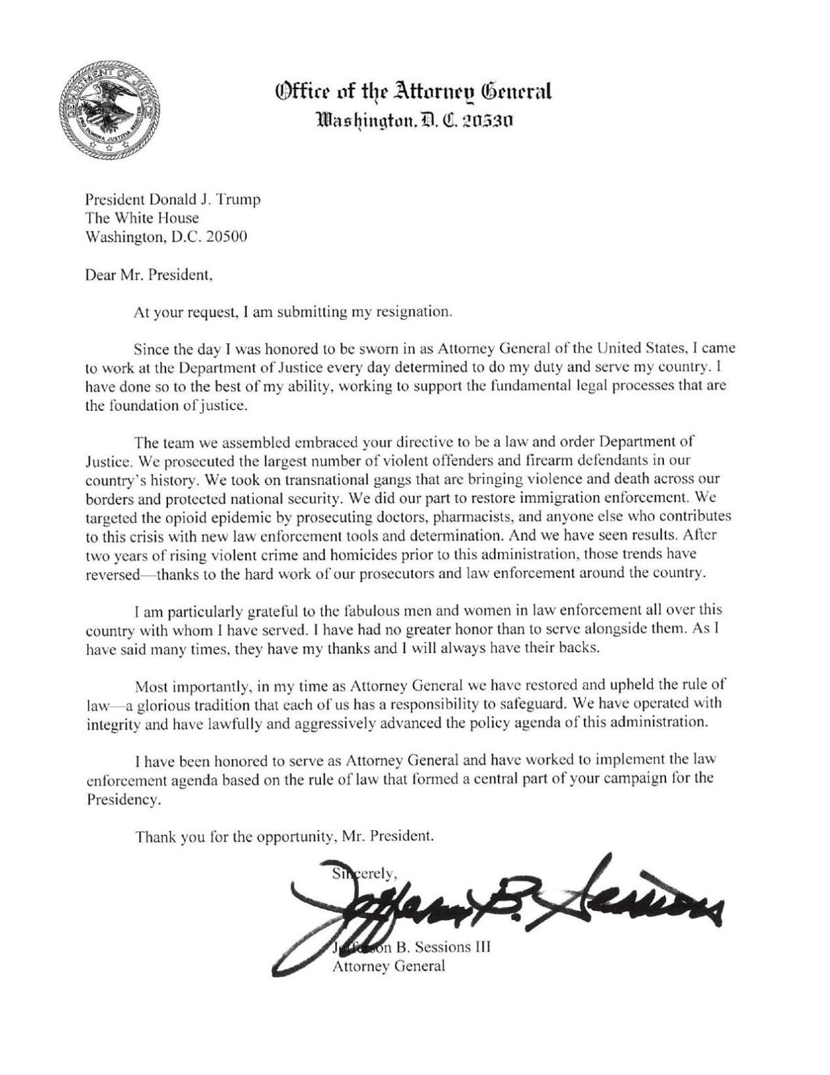 Sessions' resignation letter