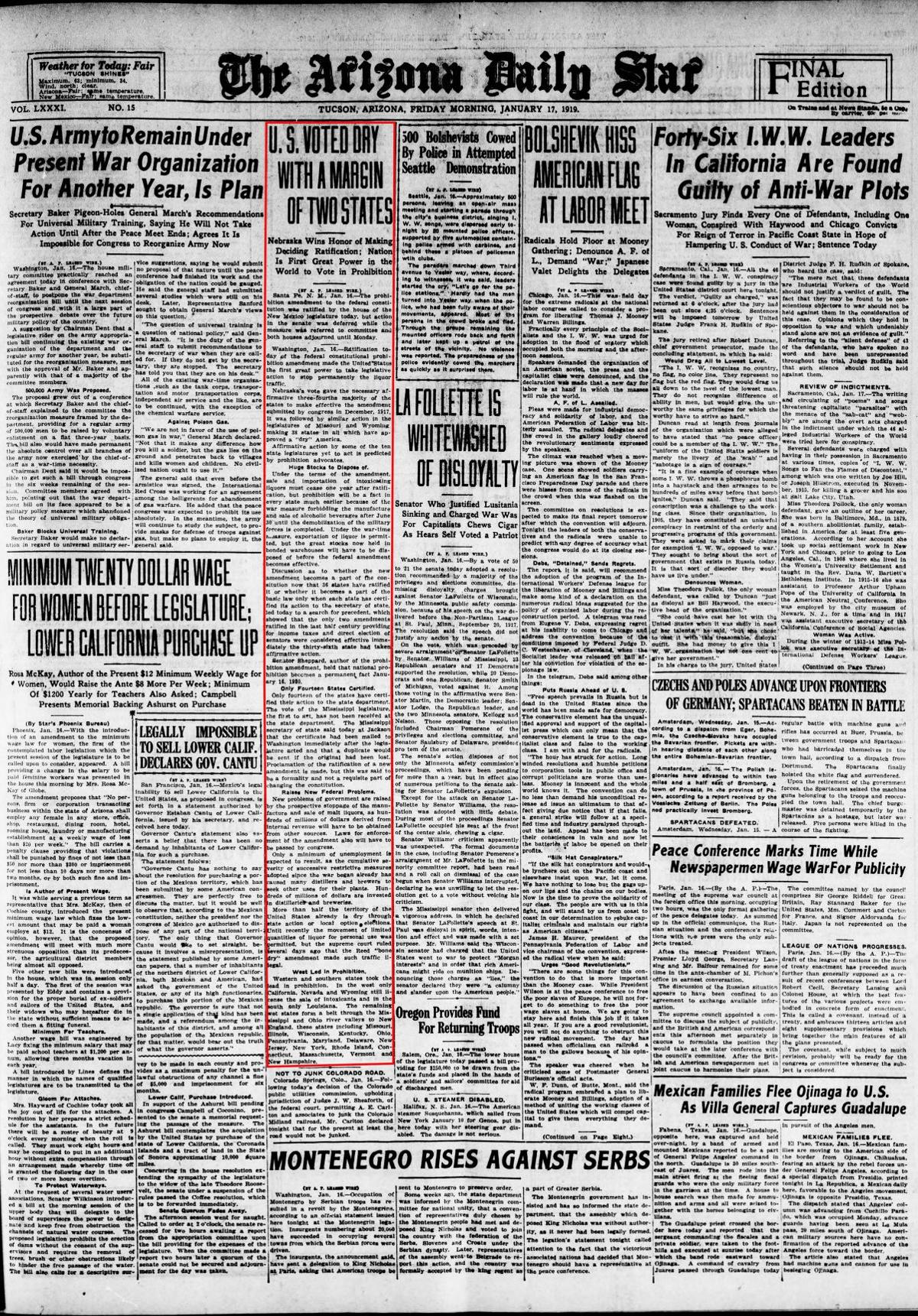 Jan. 17, 1919: Prohibition amendment ratified