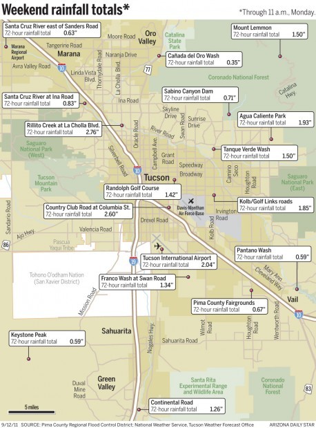 Map: Weekend rainfall totals around Tucson