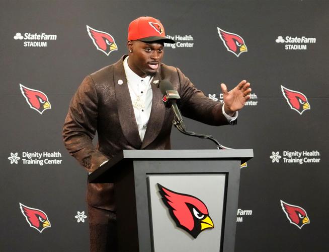 The Arizona Cardinals introduce their first-round draft pick running back Jeremiyah Love during a news conference at the
