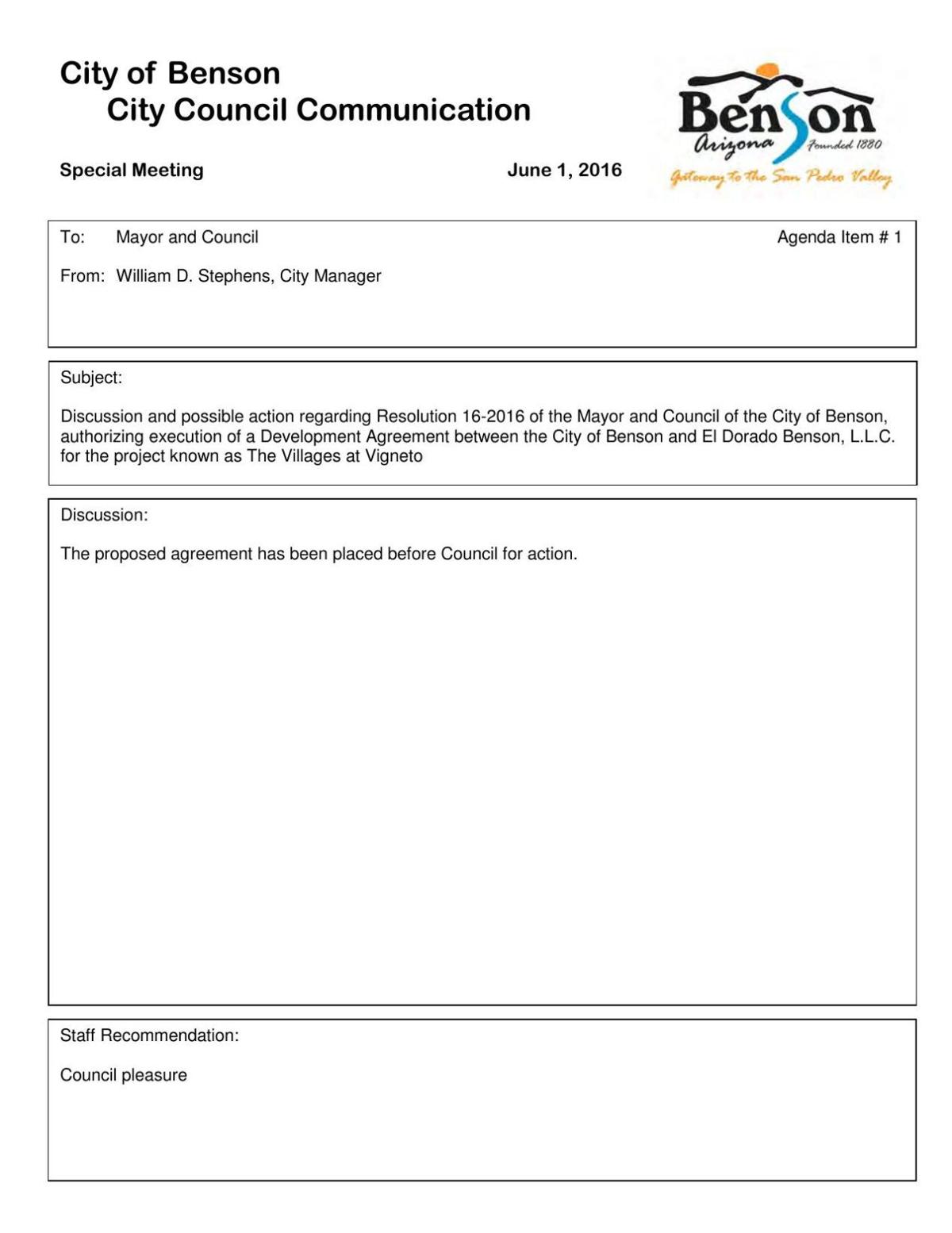 Development agreement with El Dorado