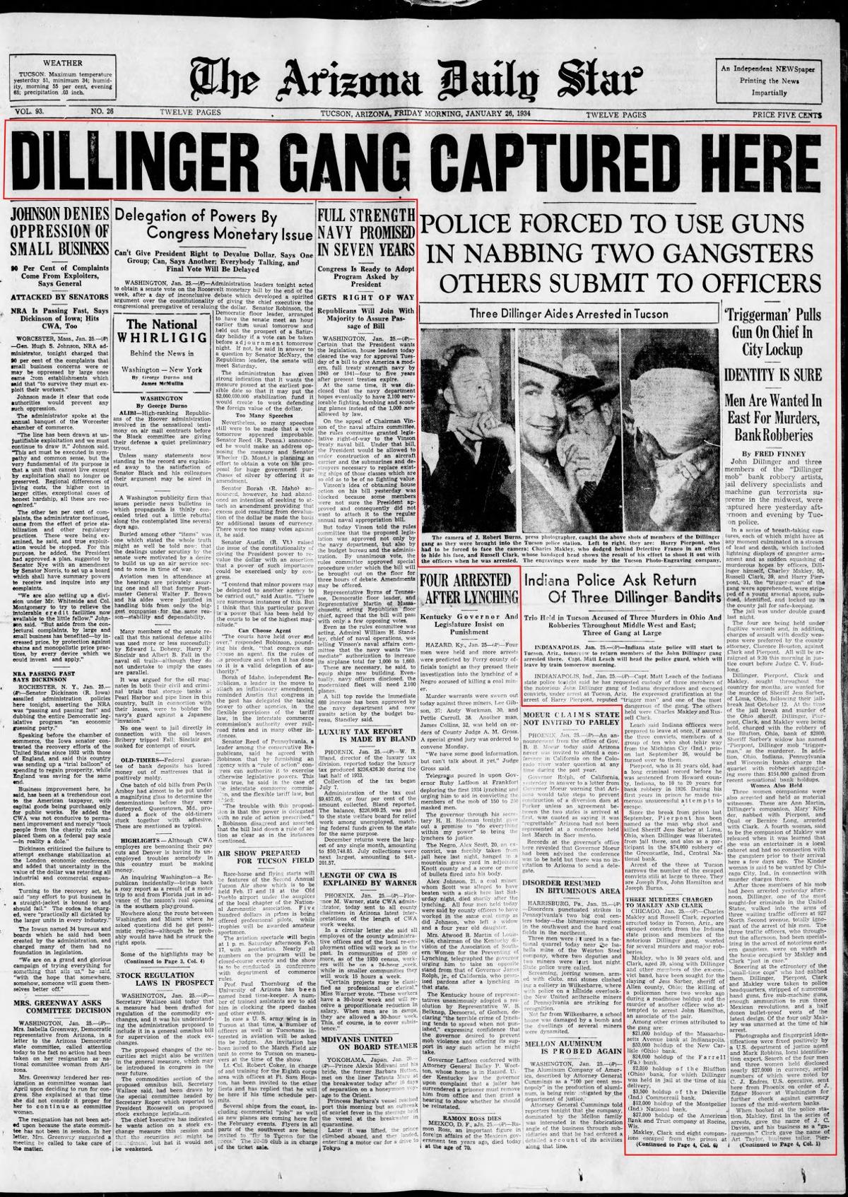 Jan. 26, 1934: John Dillinger captured in Tucson