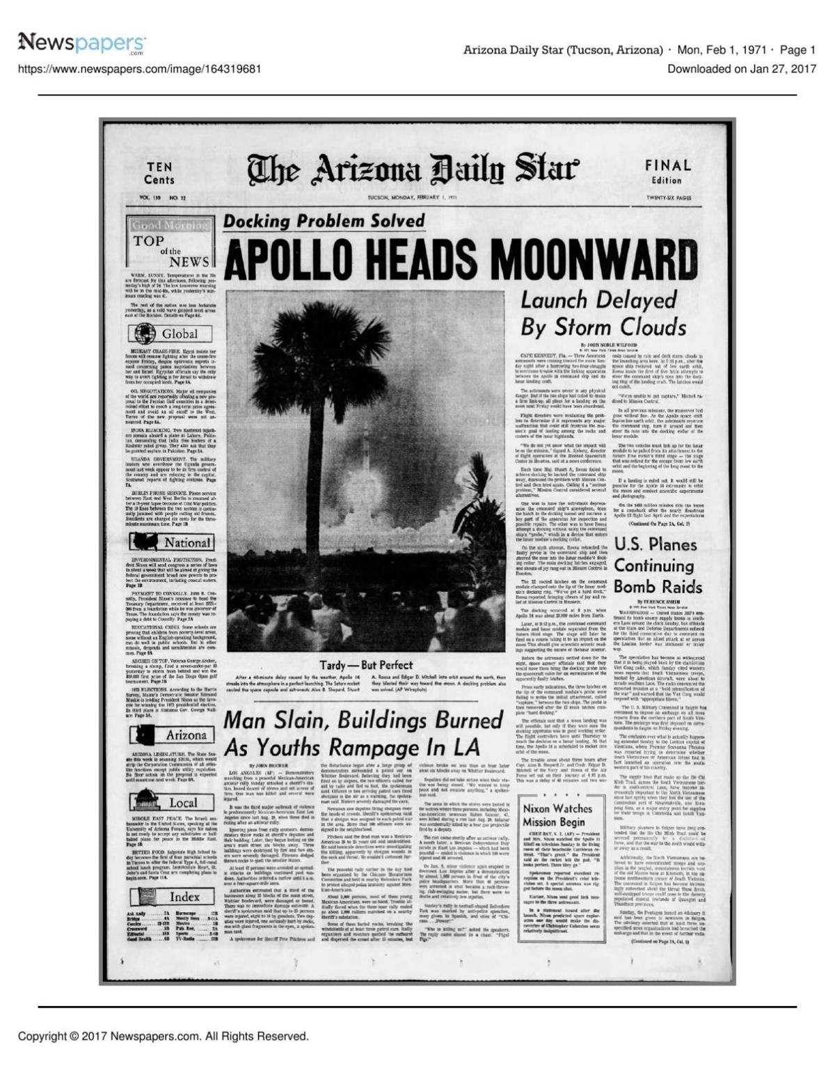 Arizona Daily Star front page Feb. 1, 1971