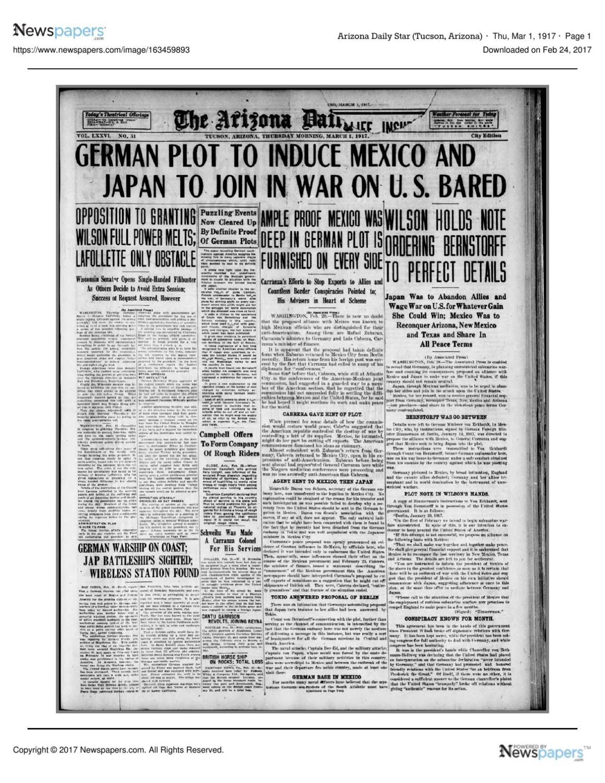 Arizona Daily Star front page March 1, 1917