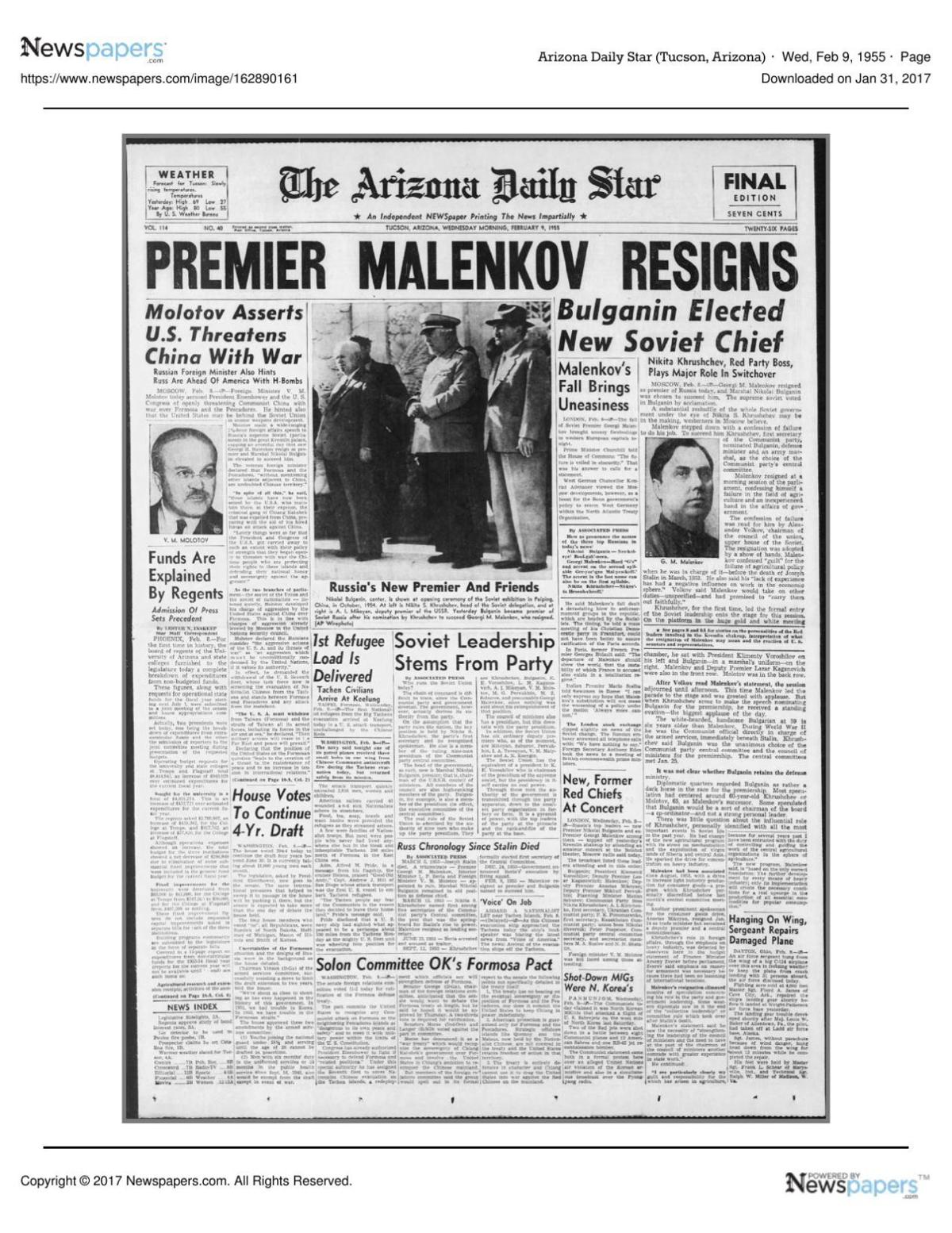 Arizona Daily Star front page Feb. 9, 1955