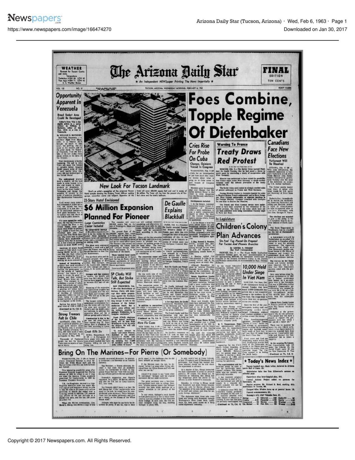 Arizona Daily Star front page Feb. 6, 1963