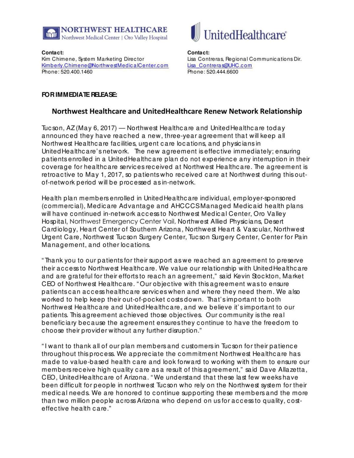 Northwest/UnitedHealthcare joint statement