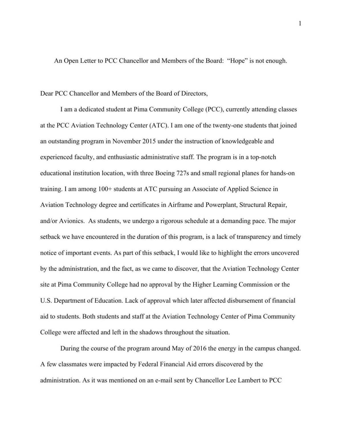 Aviation student letter to PCC leadership