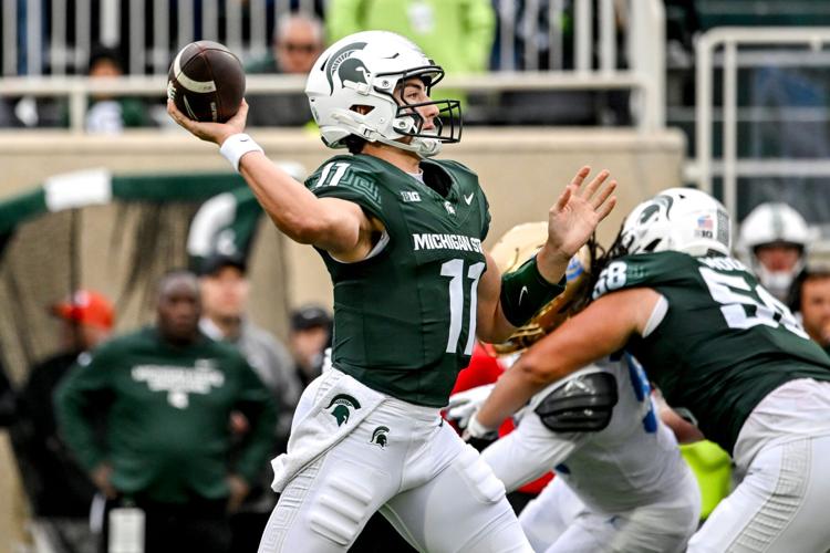 Michigan State's Alessio Milivojevic throws a pass against UCLA during the third quarter on Saturday, Oct. 11, 2025, at Spartan Stadium in East Lansing.