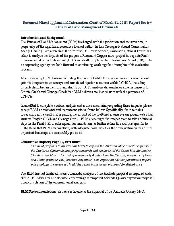 BLM comments on Rosemont supplemental report