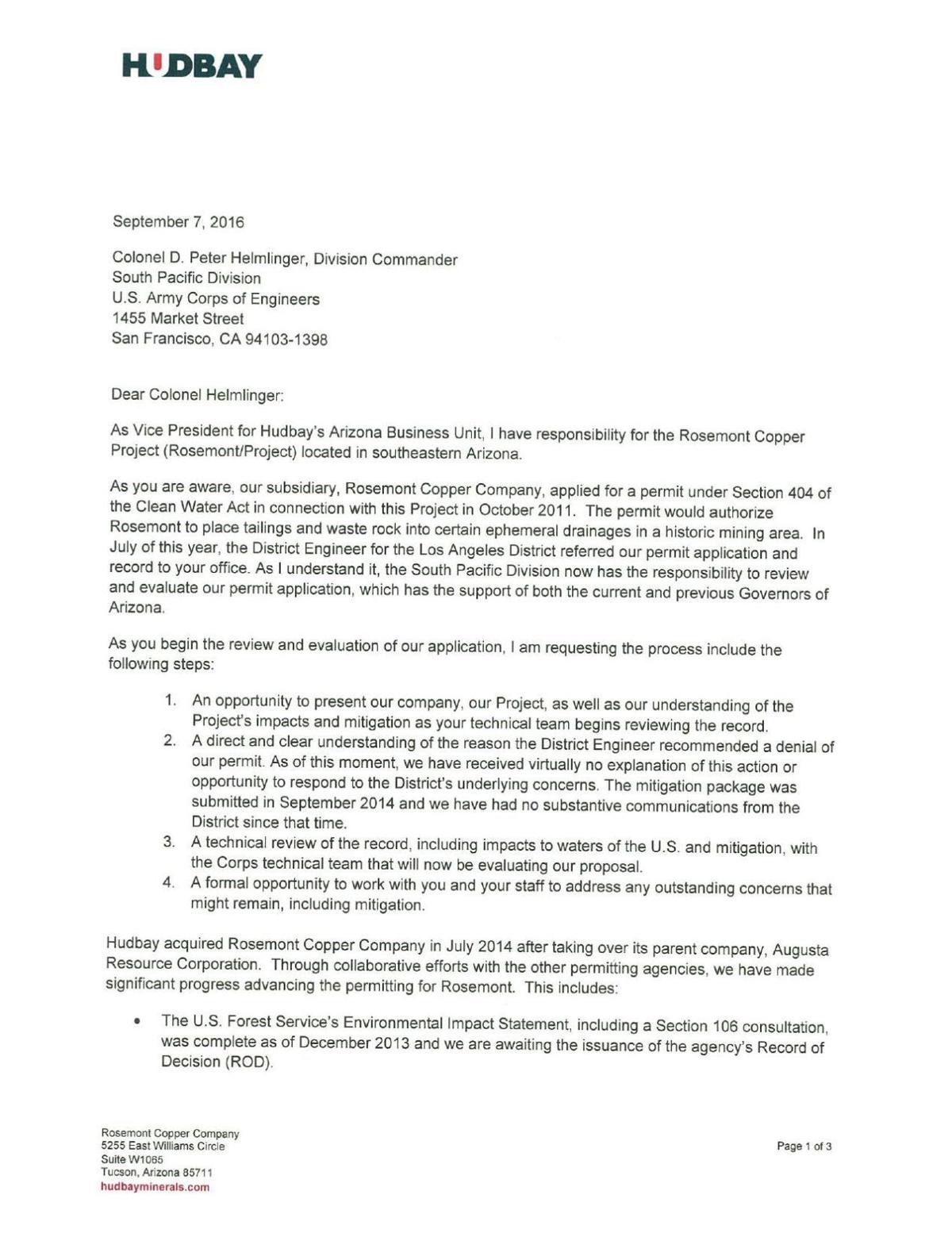 Hudbay letter to Corps Sept. 7, 2016