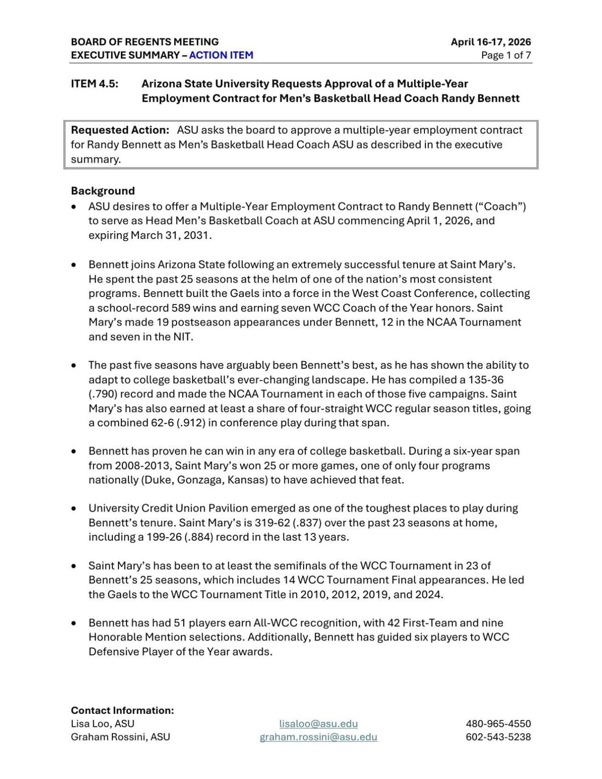 ASU proposal for Randy Bennett contract