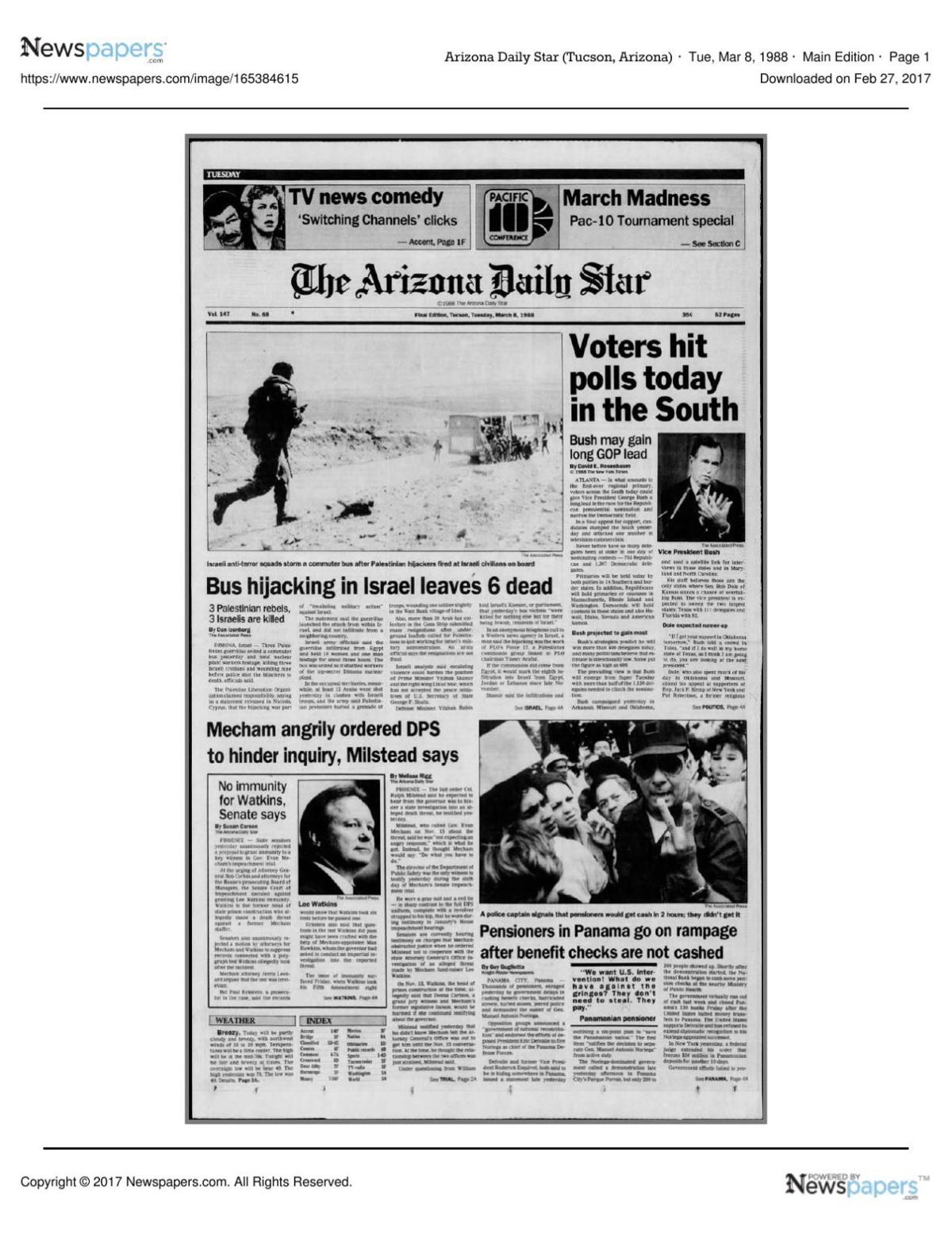 Arizona Daily Star front page March 8, 1988