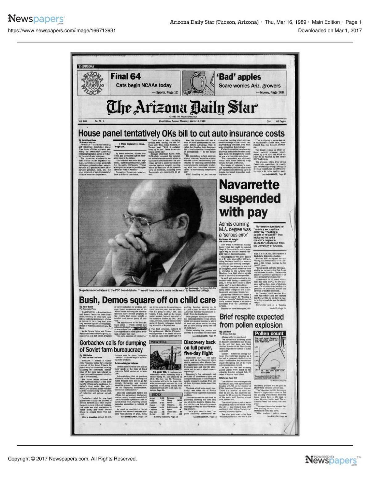 Arizona Daily Star front page March 16, 1989