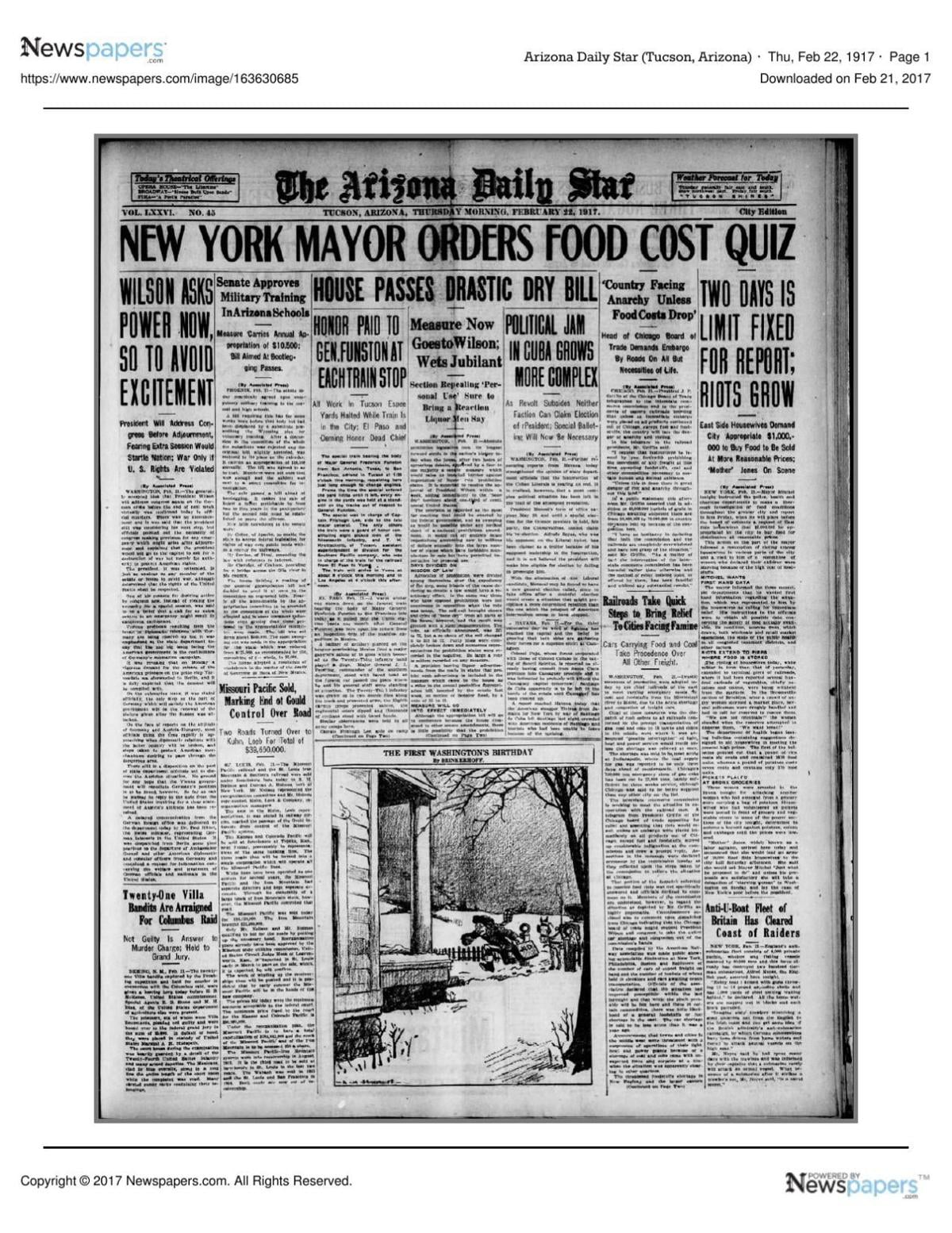 Arizona Daily Star front page Feb. 22, 1917