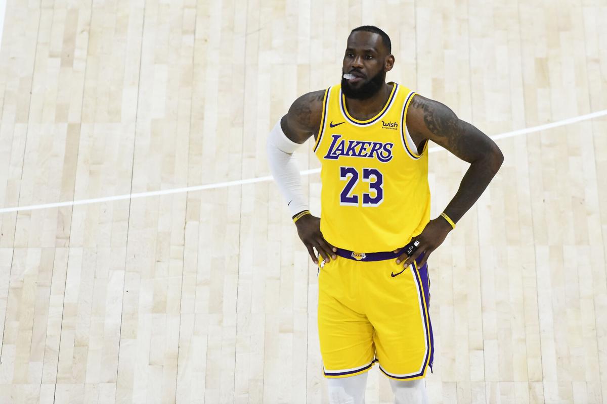 LeBron James of the Los Angeles Lakers in action during a game against the Utah Jazz at Vivint Smart Home Arena on Wednesday, February 24, 2021 in Salt Lake City, Utah.