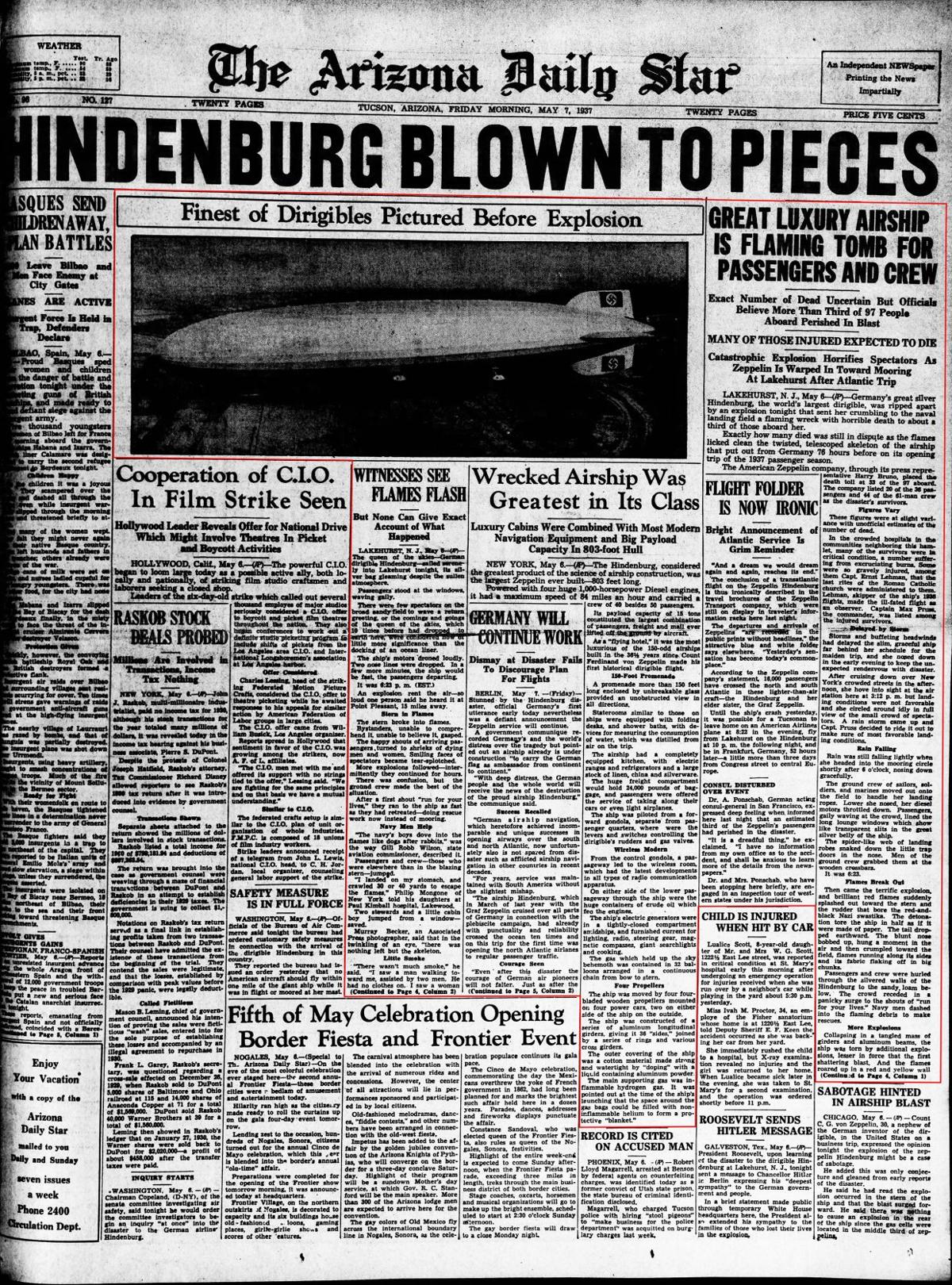 Friday, May 7, 1937, front page: The Hindenburg explodes