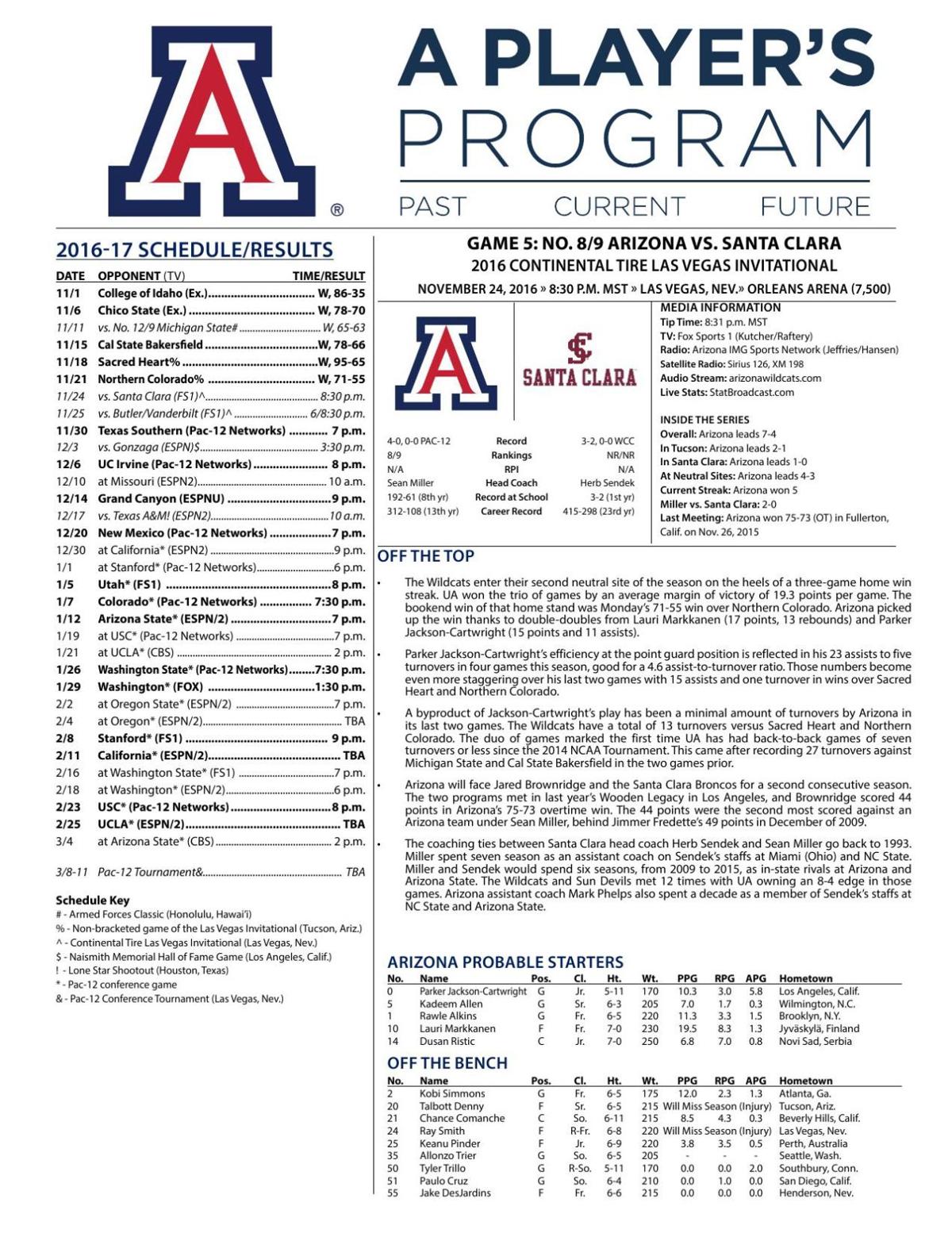 UA-Santa Clara game notes