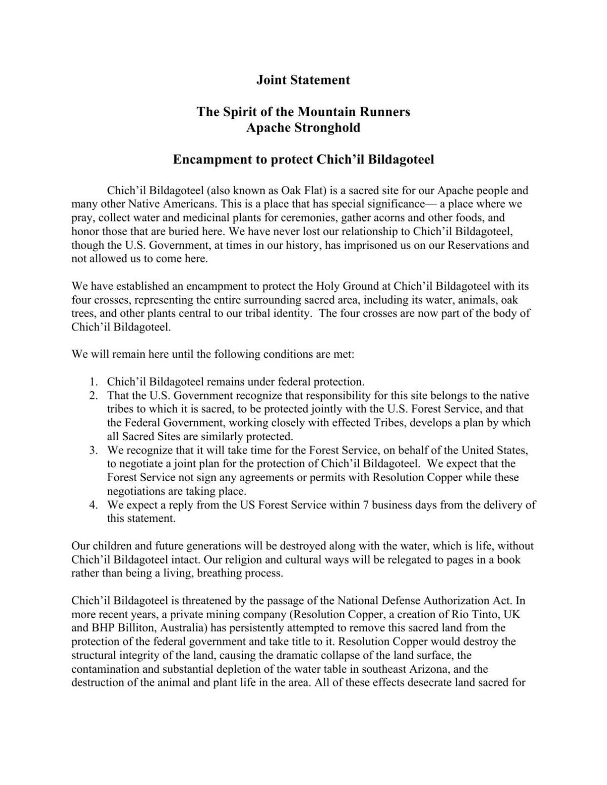 Joint statement from Oak Flat encampment