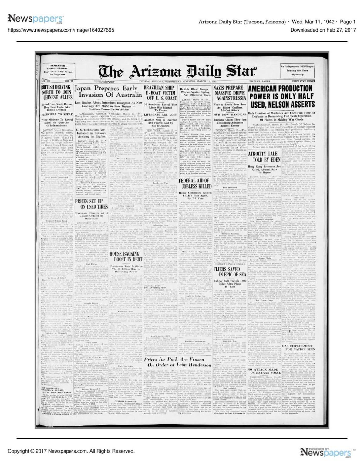 Arizona Daily Star front page March 11, 1942