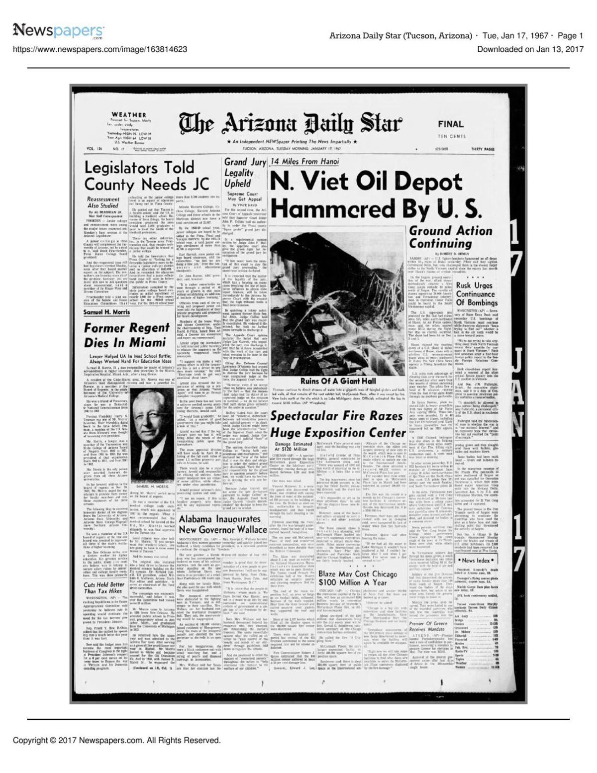 Arizona Daily Star front page Jan. 17, 1967