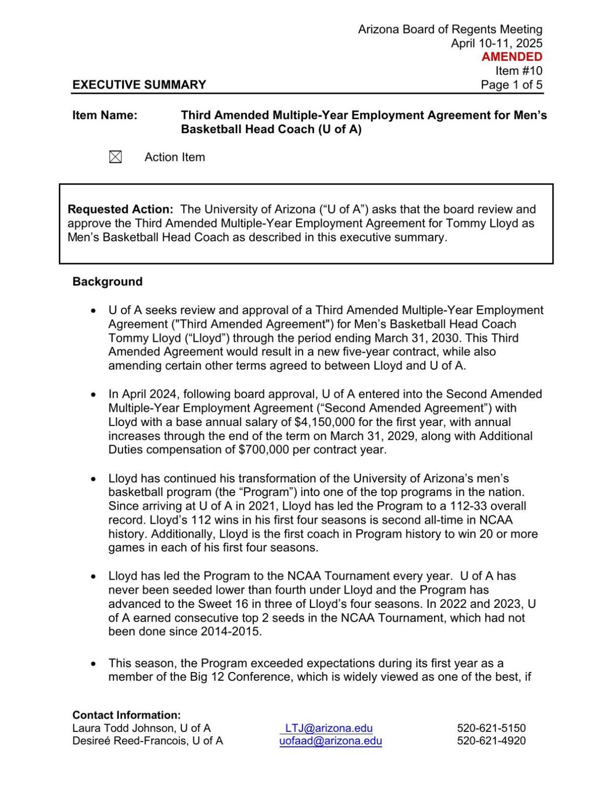 Arizona's contract proposal for Tommy Lloyd