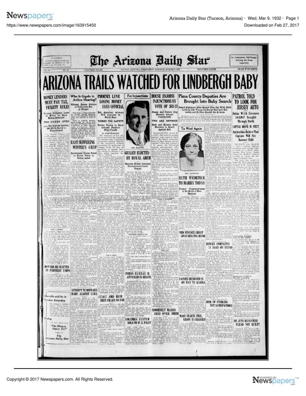 Arizona Daily Star front page March 9, 1932