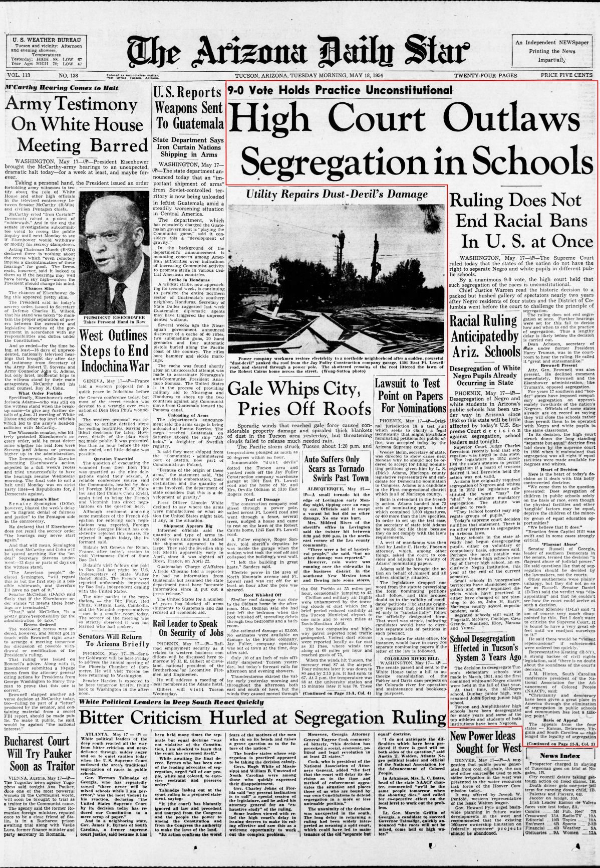 Tuesday, May 18, 1954, Front Page: Brown Vs. Board Of Education