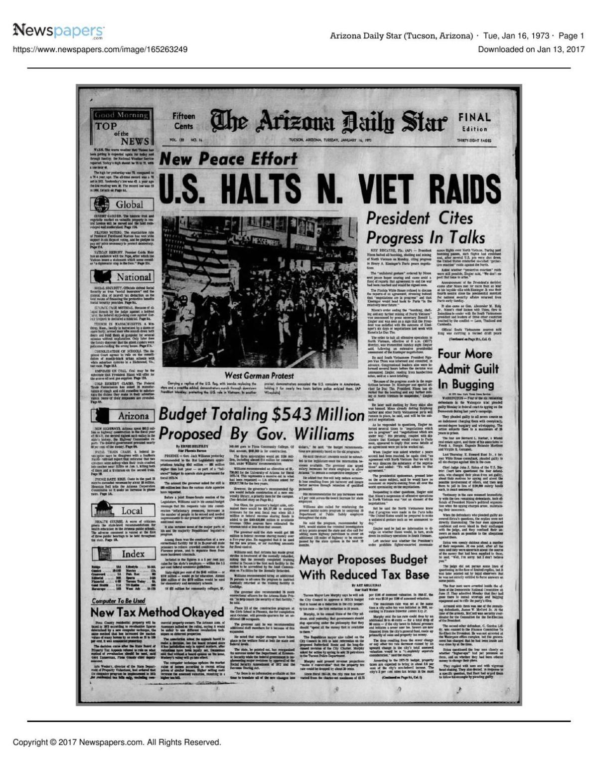 Arizona Daily Star front page Jan. 16, 1973