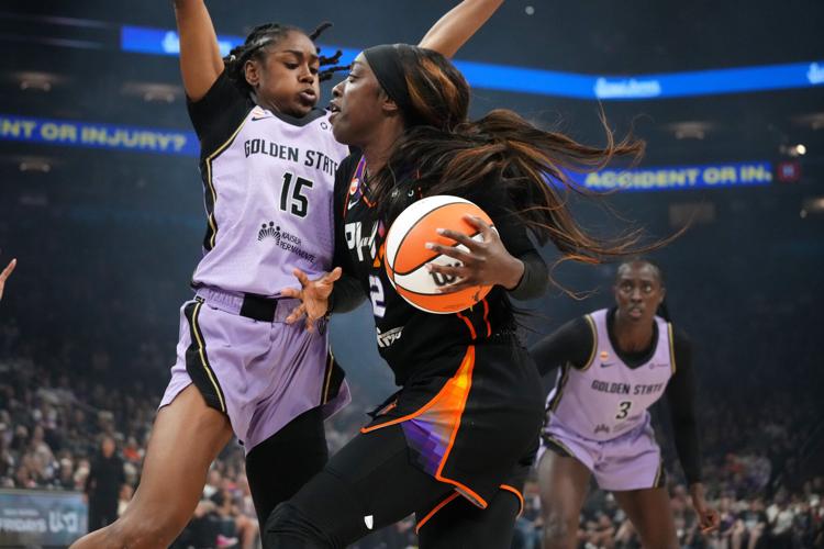 Phoenix Mercury guard Kahleah Copper (2) drives along the baseline as Golden State Valkyries guard Tiffany Hayes (15) defends at Mortgage Matchup Center in Phoenix on July 29, 2026.