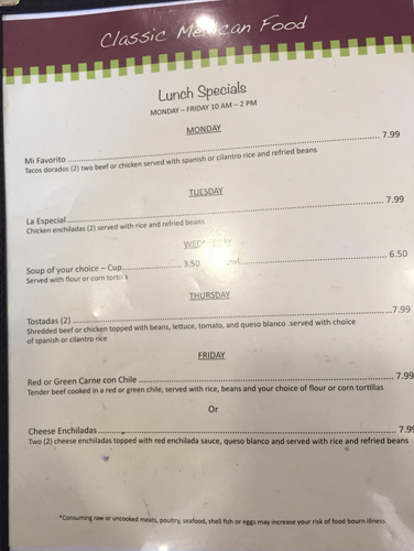 San Carlos Grill menu