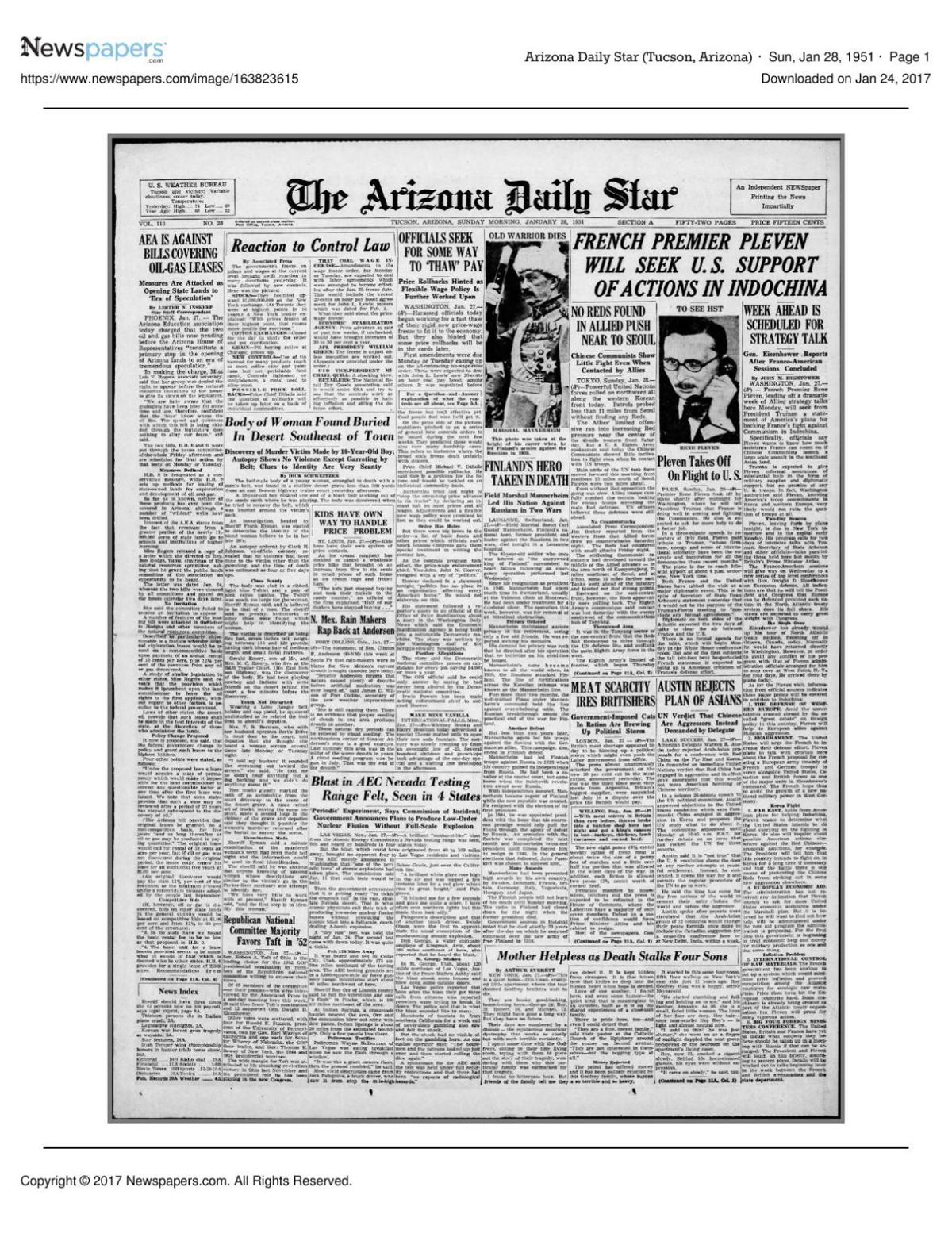 Arizona Daily Star front page Jan. 28, 1951