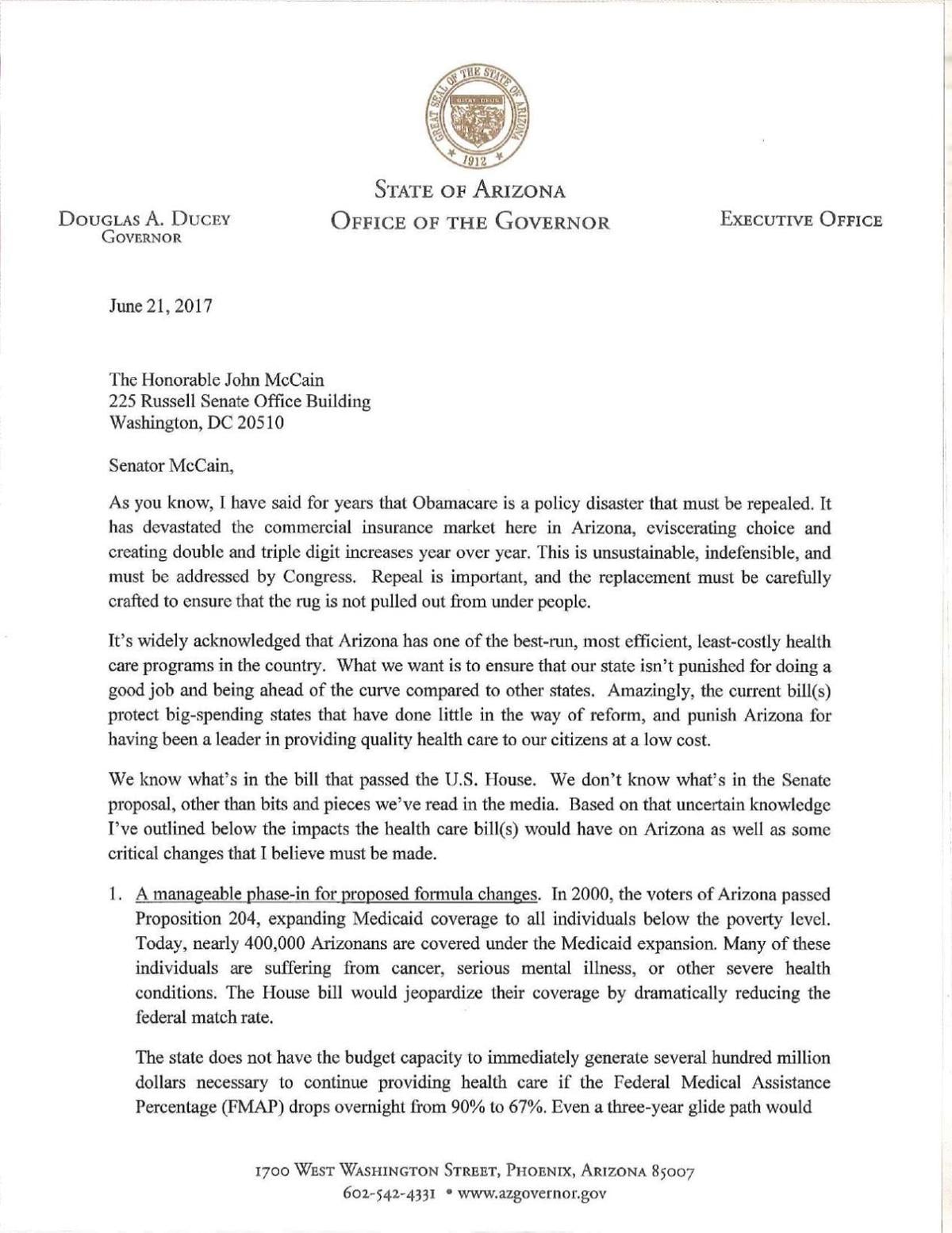 Letter from Arziona Gov Doug Ducey to Sen. McCain