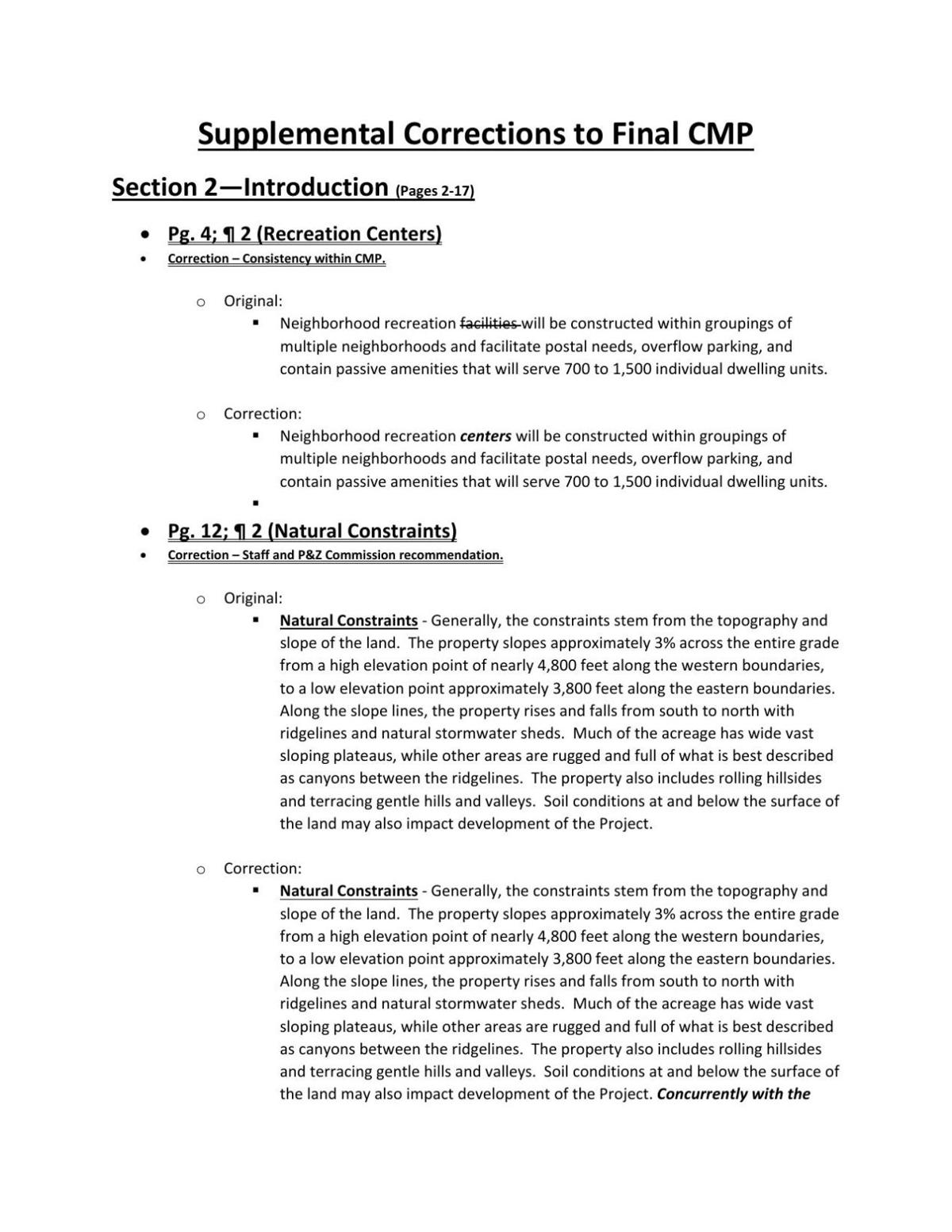 Supplemental corrections to final Vigneto plan