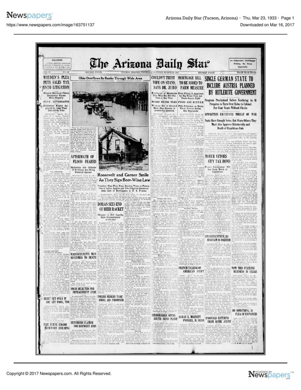 Arizona Daily Star front page March 23, 1933