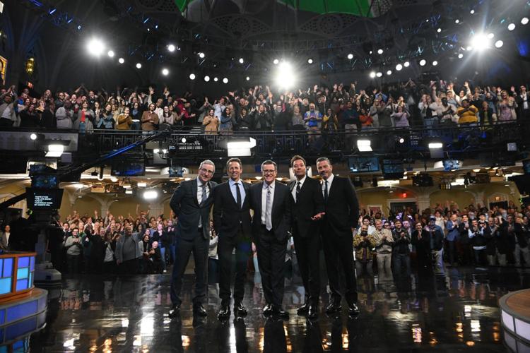 Jimmy Kimmel, Jimmy Fallon, John Oliver, and Seth Meyers with Stephen Colbert on "The Late Show" on May 11, 2026.