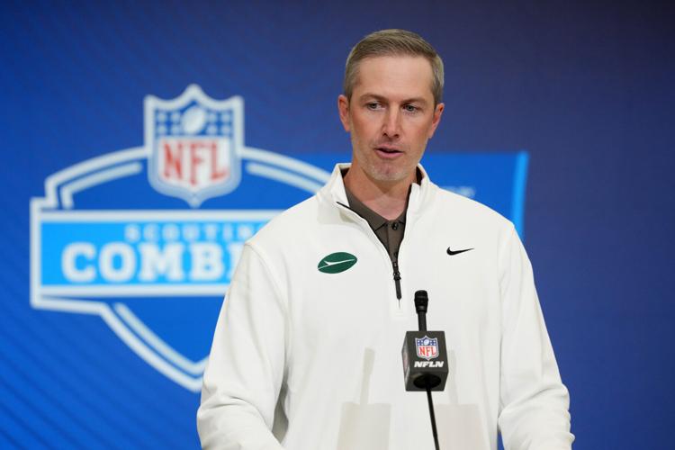 New York Jets general manager Darren Mougey speaks at the NFL Scouting Combine on Feb. 24 at the Indiana Convention Center.