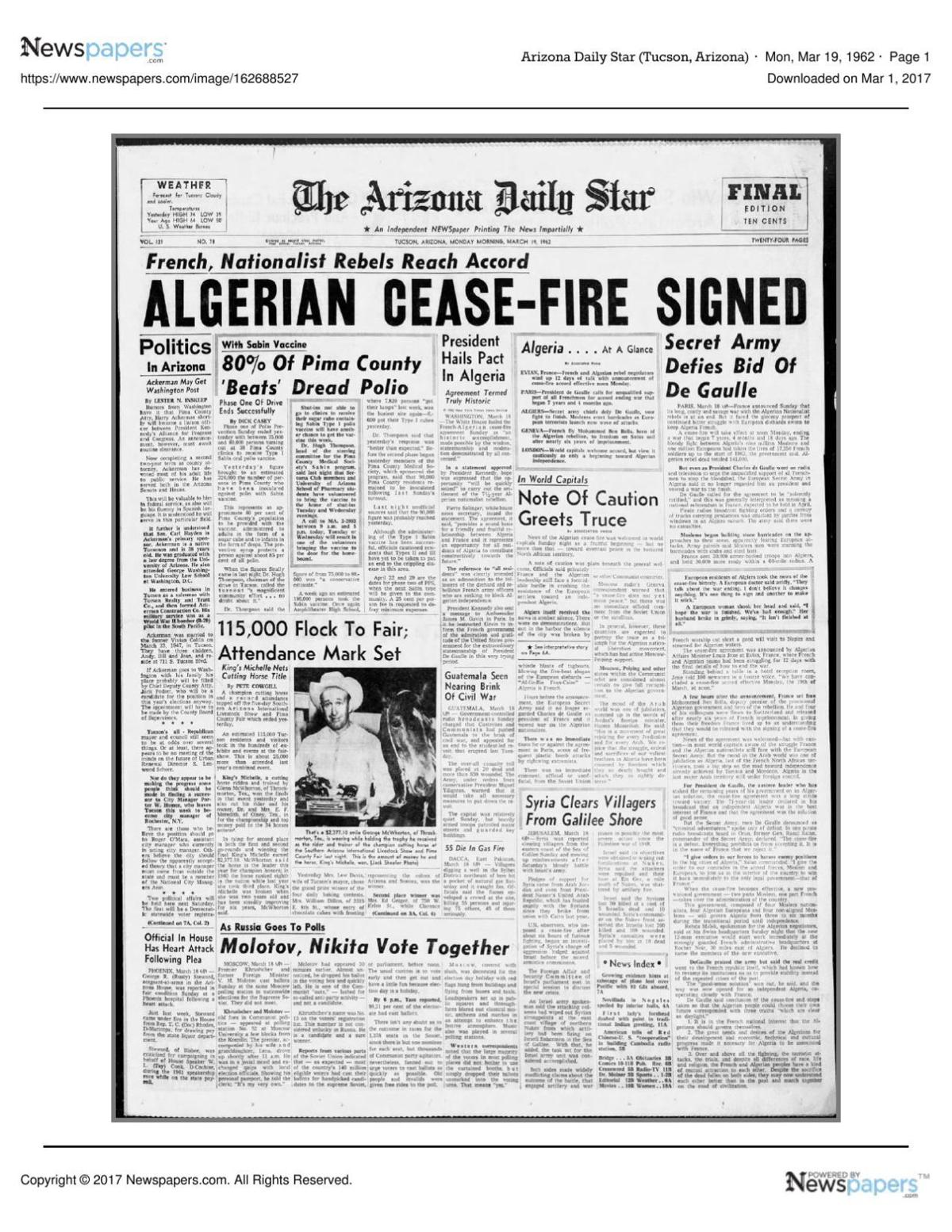 Arizona Daily Star front page March 19, 1962