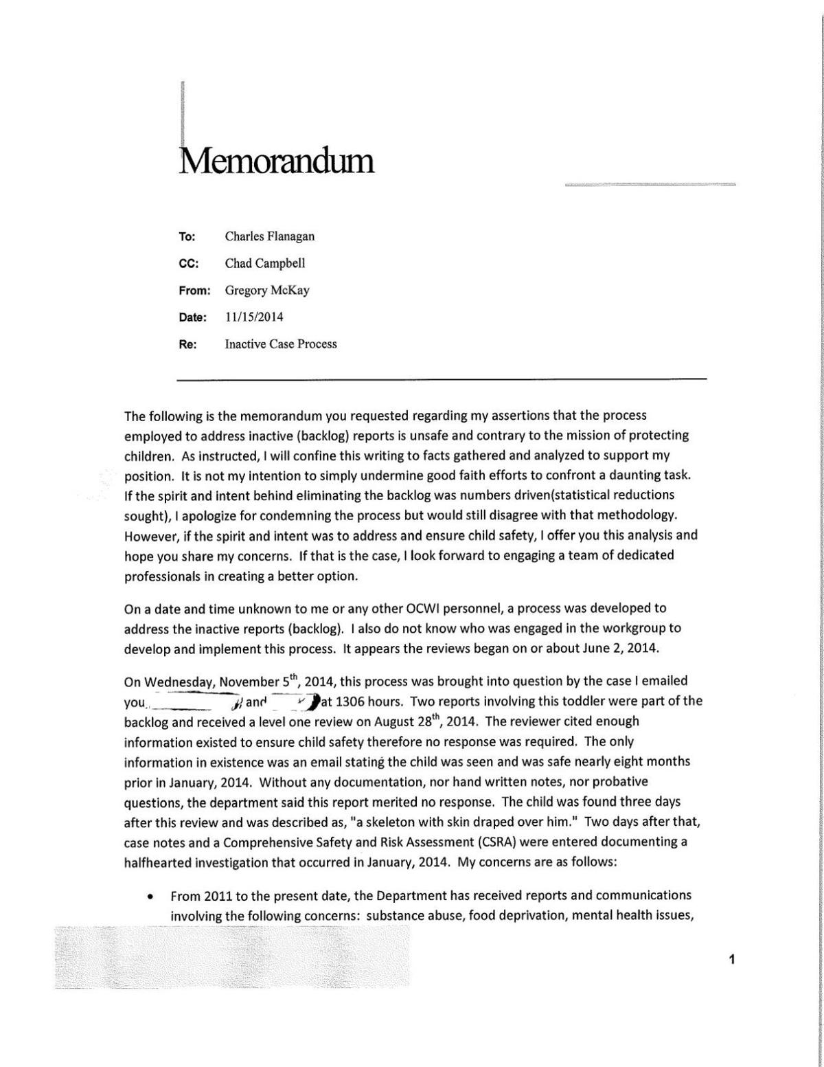 McKay memo to Flanagan over Sierra Vista toddler