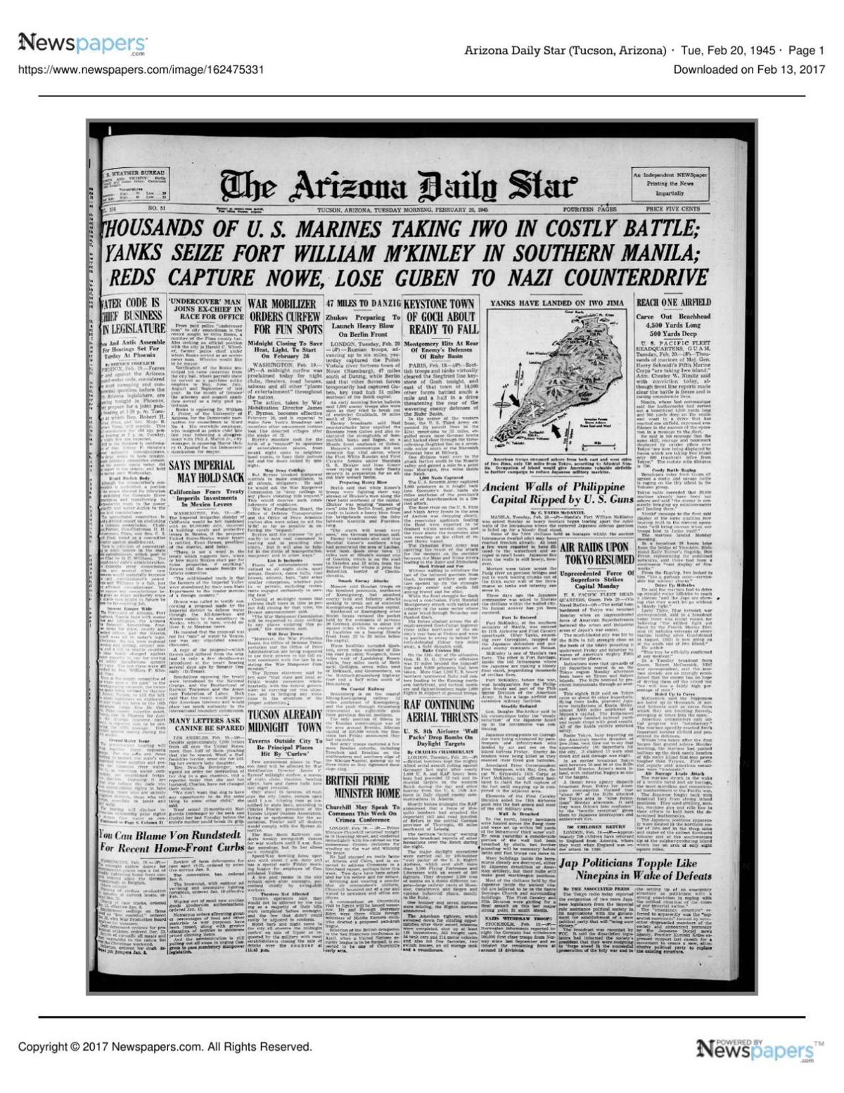 Arizona Daily Star front page Feb. 20, 1945