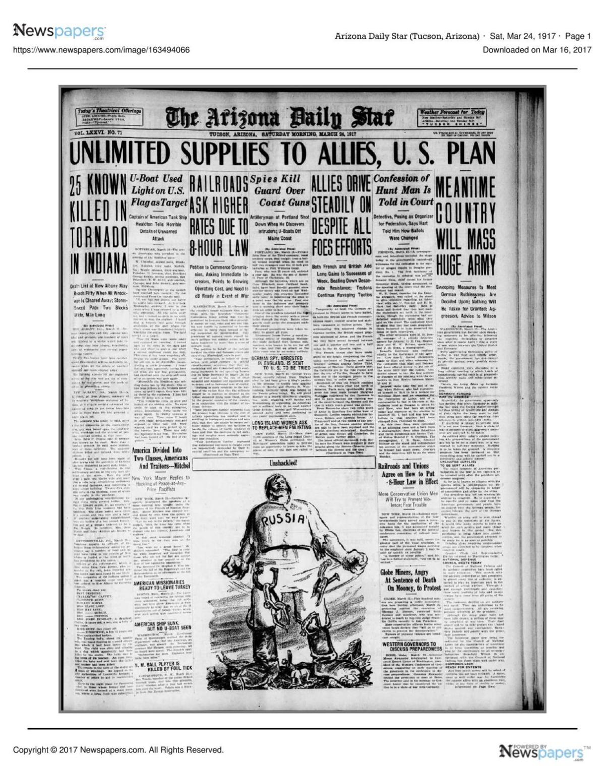 Arizona Daily Star front page March 24, 1917