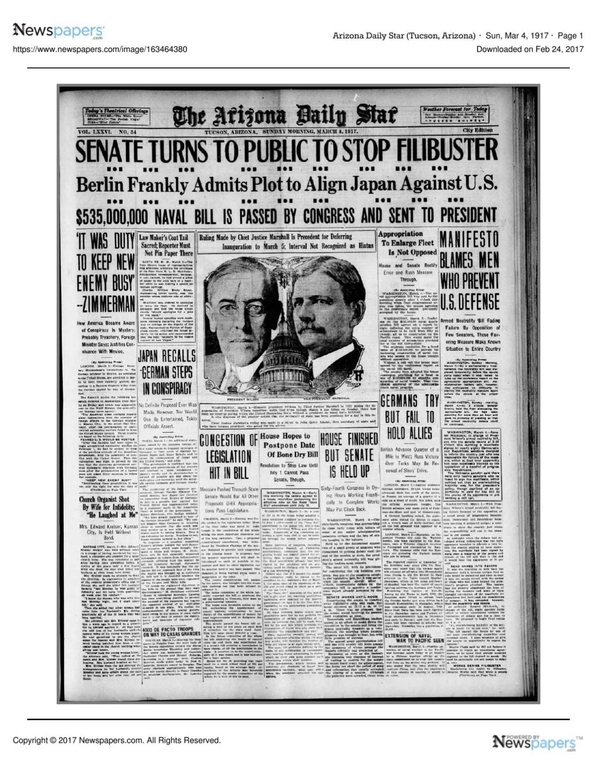 Arizona Daily Star front page March 4, 1917