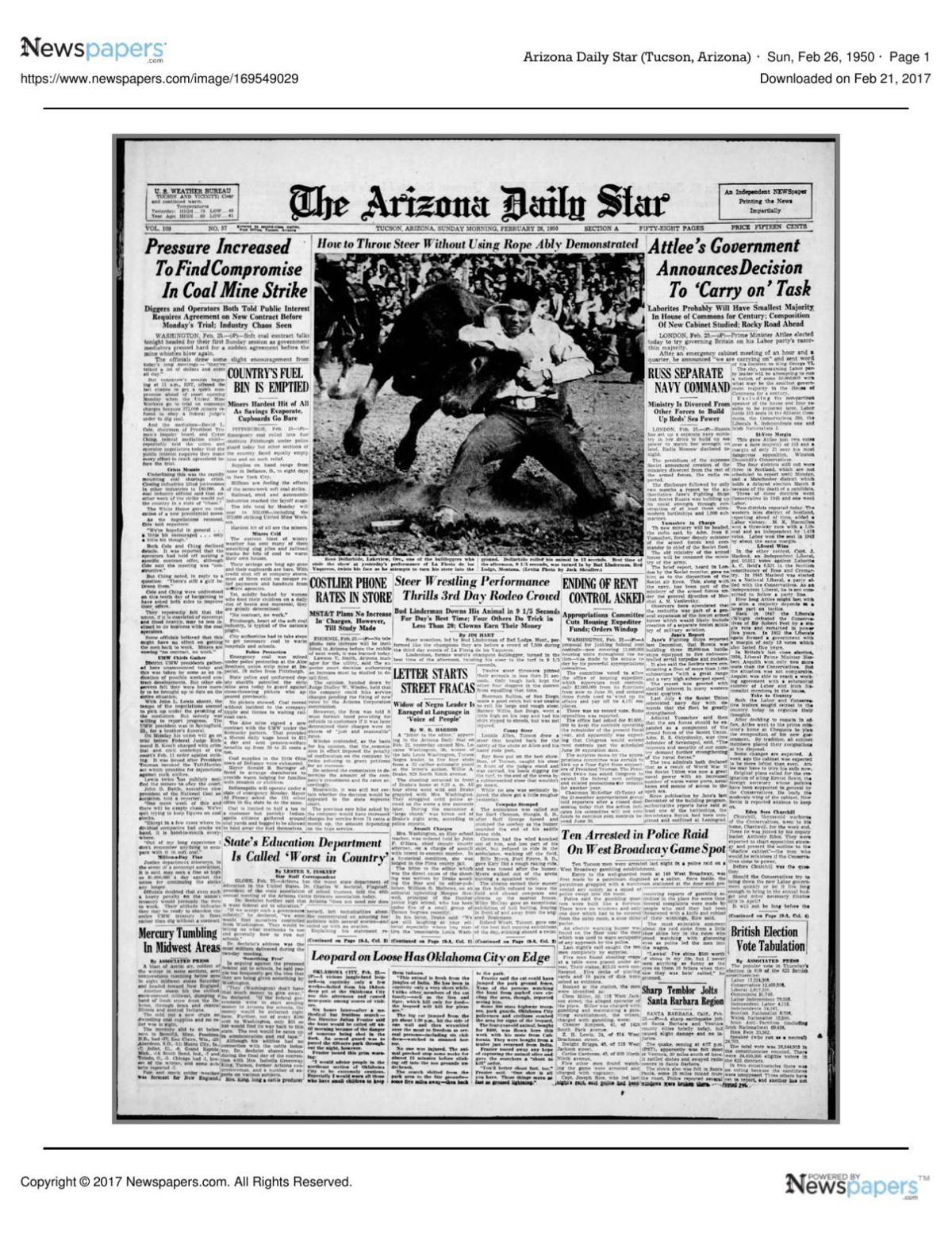 Arizona Daily Star front page Feb. 26, 1950